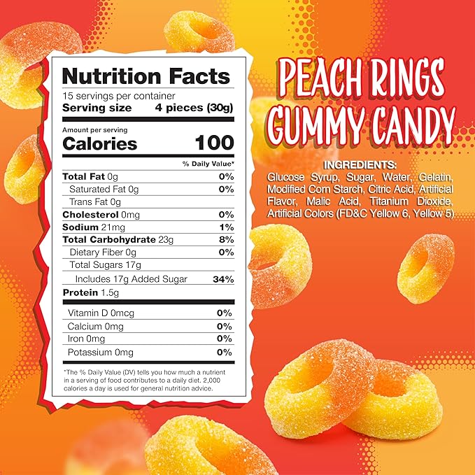 Peach Rings Gummy Candy 1-Pound Bag | Classic Sweet and Sour Candy | Soft Peach Gummies for Snacking, Dessert Topping & Buffet Tables | Chewy Gummy Rings