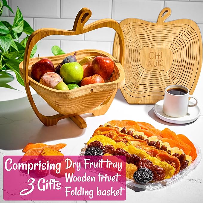 Oh! Nuts Dried Fruit Gift Basket - Gourmet Gift Baskets - Holiday Healthy Assortment Dried Fruits Gift Box - Crafted in the USA - Wooden Apple Shape Gift Tray - (Golden Brown)