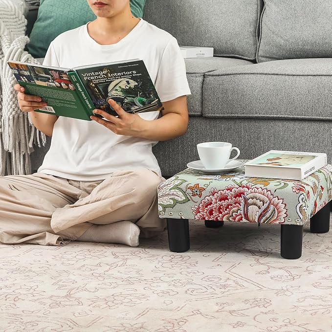 Joveco Small Foot Rest Stool Ottoman, 15" Fabric Square Footstool Upholstered Footrest for Chair, Under Desk, Office, Living Room, Boho Floral