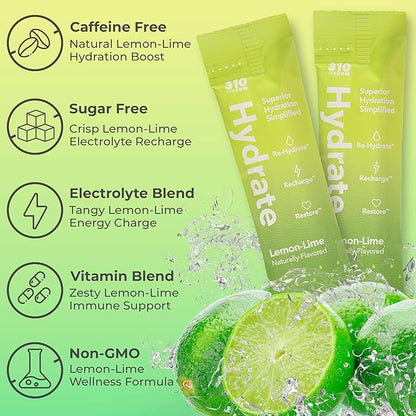 310 Nutrition Sugar Free Electrolytes Powder - Instant Hydration Packets for Daily Fluid Balance - Caffeine-Free Rehydration Drink Mix w/Vitamins, Low Calorie & Keto Friendly - Lemon Lime 15 Singles