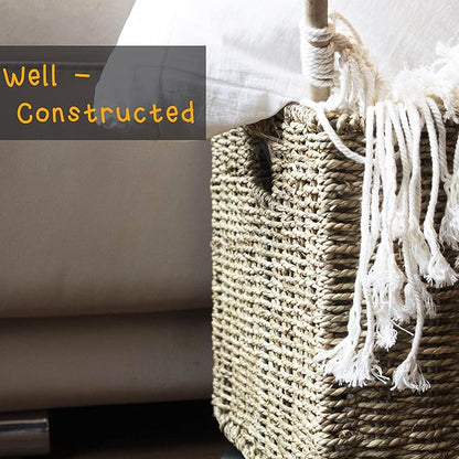 PEMAR Set 2 Nesting Natural Wicker Rolling Storage Baskets on Wheels w Insert Handles, Under Table Under Desk Woven Storage Bins, Mobile File Cabinet Organiser (Seagrass, Sizes M, L Nesting)