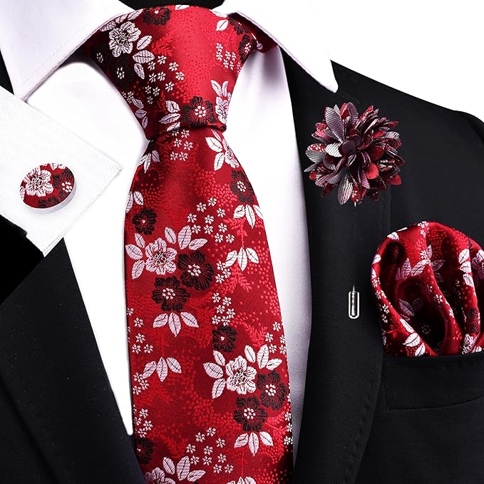 GUSLESON 3.15"（8cm） Mens Floral Tie and Lapel Pin Necktie Hankerchief Cufflinks Set for Men