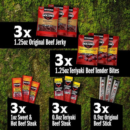 Jack Link's Beef Jerky Gift Basket Variety Pack - Includes Jerky, Meat Sticks, and Beef Steaks, Great Gift for Men, Perfect Hunting Trip Snacks, 15-Piece Assorted Meat Snack Pack