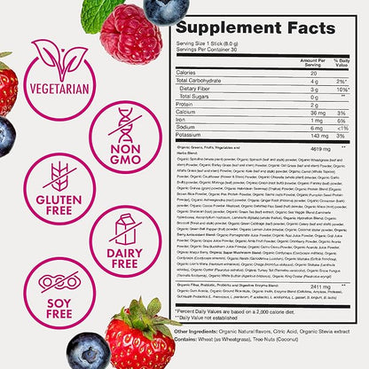 Zena Nutrition Organic Super Greens Powder, 70+ Superfoods, 0 Sugar, 3g Fiber, Spirulina, Chlorella, Mushrooms, Prebiotics/Probiotics, Digestive Enzymes, Gut Health, Mixed Berry, 30 Drink Mix Packets