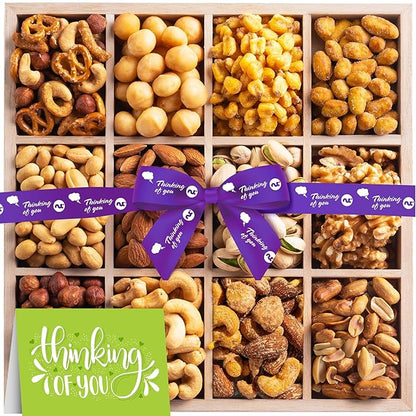 NUT CRAVINGS Gourmet Collection - Thinking of You, Nuts Gift Basket with Thinking of You Ribbon + Greeting Card in Reusable Wooden Tray (12 Assortments) Food Arrangement Healthy Snack Food Assortments