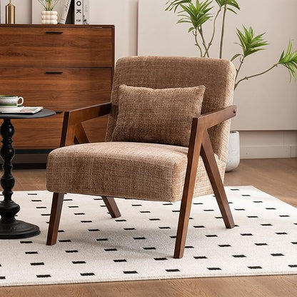 Mid Century Modern Accent Chair with Solid Wood Frame，Upholstered Chenille Living Room Arm Chairs with Pillow for Bedroom, Living Room, Reading Room, Balcony (1, Brown)