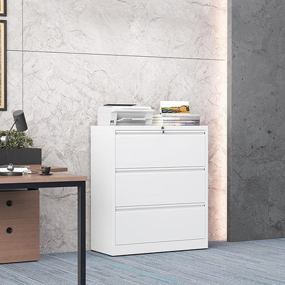 3 Drawer Lateral File Cabinet with Lock, Metal File Cabinets for Home Office, Steel Heavy-Duty Filing Storage Cabinet for Letters/Legal/A4 (Require Assembly, White)