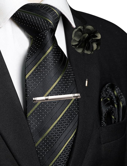 JEMYGINS Mens Striped Tie and Lapel Pin Necktie Pocket Square with Tie Clip Sets for Business Casual 4PCS