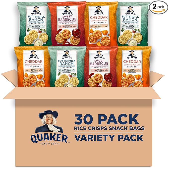 Quaker Rice Crisps, Gluten Free, 3 Flavor, Single Serve, 0.67, Savory Variety Pack, 20.1 Oz,Pack of 30