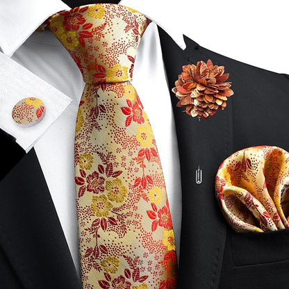 GUSLESON 3.15"（8cm） Mens Floral Tie and Lapel Pin Necktie Hankerchief Cufflinks Set for Men