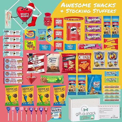 Gift A Snack - Christmas Candy Stocking Stuffers, Pre-filled Holiday Snack Box Care Package + Greeting Card (60 Count) Sweet Treats Gift Basket, Candies Chips Food Assortments & Variety Gifts