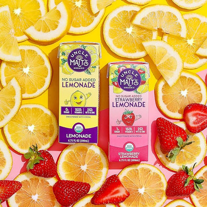 Uncle Matt’s No Sugar Added Strawberry Lemonade Organic Fruit Juice Box for Kids with Vitamin C, D, Zinc, Only 10 Calories, 32 pack of 6.75 oz Boxes