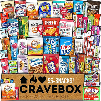 CRAVEBOX Snacks Box Variety Pack Care Package (55 Count) Christmas Treats Gift Basket Adults Kids Grandkids Guys Girls Women Men Boyfriend Birthday Cookies Chips College Student Office School