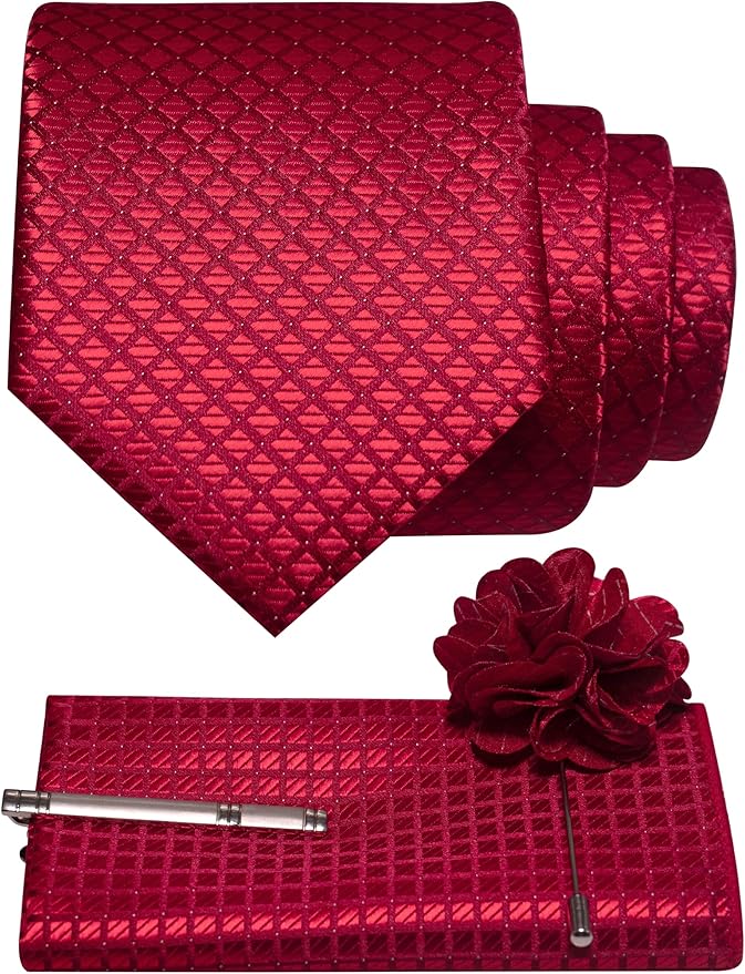 JEMYGINS Mens Solid Color Plaid Tie and Lapel Pin Necktie Pocket Square and Tie Clip with Sets for Business Casual 4PCS
