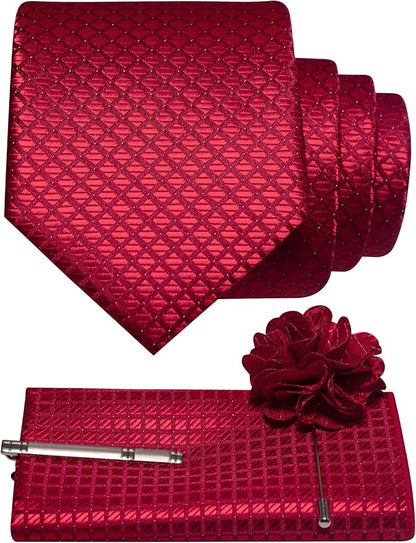 JEMYGINS Mens Solid Color Plaid Tie and Lapel Pin Necktie Pocket Square and Tie Clip with Sets for Business Casual 4PCS