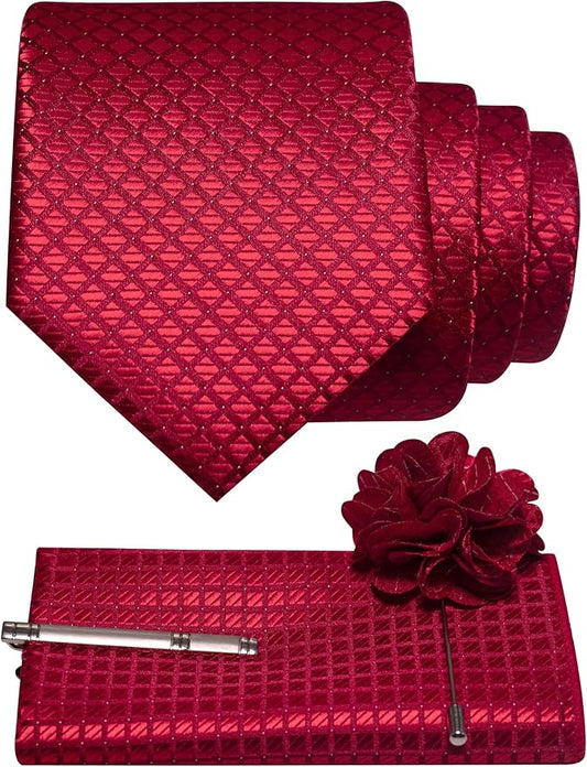 JEMYGINS Mens Solid Color Plaid Tie and Lapel Pin Necktie Pocket Square and Tie Clip with Sets for Business Casual 4PCS