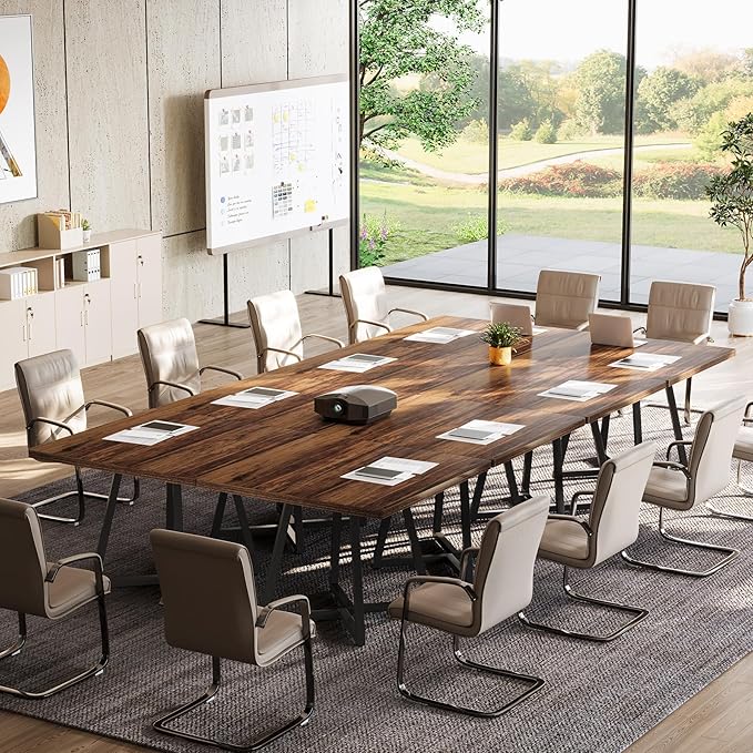 Tribesigns 31.5" Square Conference Table Set of 6, 8 ft Industrial Office Meeting Table for 8-10 People, Business Podcast Furniture with Metal Base for Small Spaces, Office Conference, Brown & Black