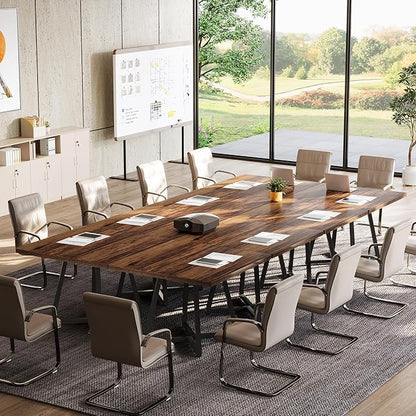 Tribesigns 31.5" Square Conference Table Set of 6, 8 ft Industrial Office Meeting Table for 8-10 People, Business Podcast Furniture with Metal Base for Small Spaces, Office Conference, Brown & Black