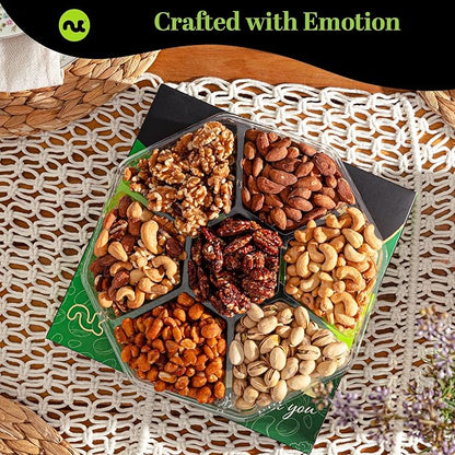 NUT CRAVINGS - Thanksgiving Mixed Nuts Gift Basket in Green Gold Box (7 Assortments, 2 LB) Holiday Xmas Christmas Food Arrangement, Healthy Snack Care Package, Food Assortments