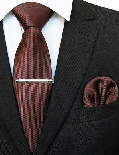 JEMYGINS Solid Color Formal Necktie and Pocket Square Tie Clip Sets for Men