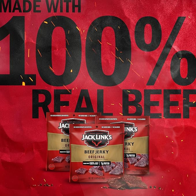 Jack Link's Beef Jerky, Original, Multipack Bags - Flavorful Meat and Protein Snacks for Lunches, Great Stocking Stuffers, Individual Packs - 7g of Protein, Made with 100% Beef - 0.625 oz (Pack of 20)