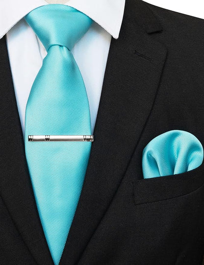 JEMYGINS Solid Color Formal Necktie and Pocket Square Tie Clip Sets for Men