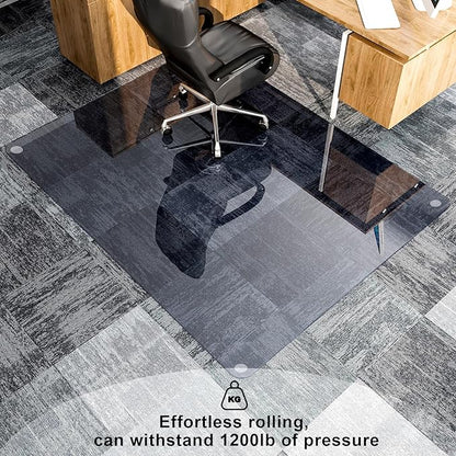 GLSLAND 46" × 55" [Tempered Glass] Chair Mat – Durable Office Chair Mat on Carpet with 0.2" Thickness, 4 Non‑Slip Pads, Sleek & Sturdy Matte Gray Finish, Smooth Glide & Easy Clean, Blue & Grey