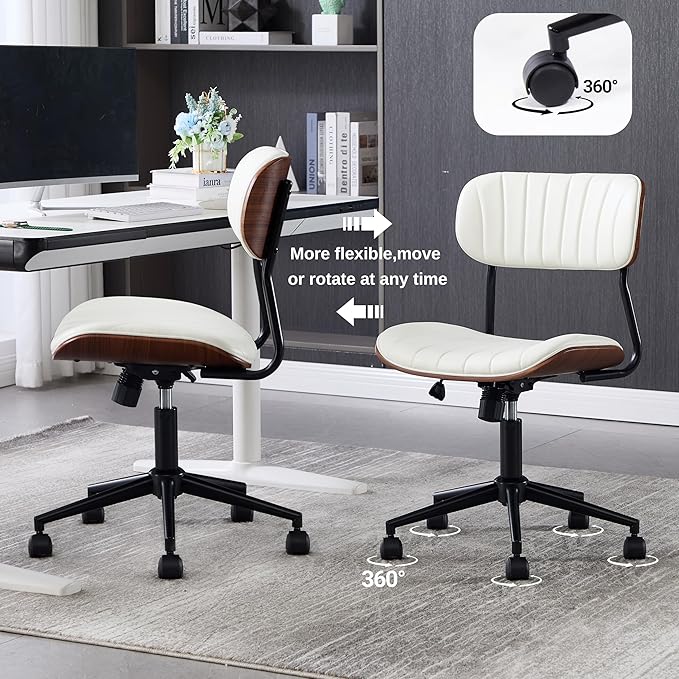 Modern Walnut Home Office Chair，Adjustable Height Desk Chair with Wheels，Armless Computer Chair for Office, Reading Meeting Room, White