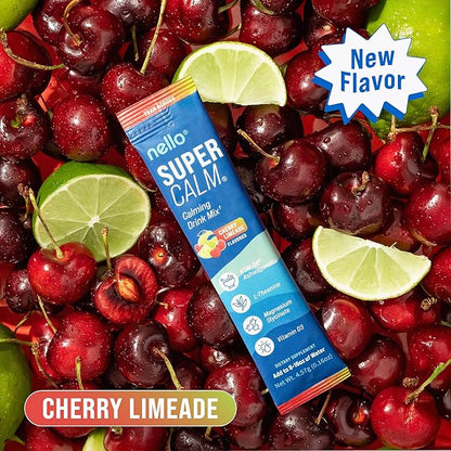Nello Supercalm Powdered Drink Mix, Cortisol Reducer* and Sleep Aid Supplement, L Theanine, Ksm-66 Ashwagandha, Magnesium Glycinate, Vitamin D 3, No Sugar, Non GMO, On The Go, 20 Ct, Cherry Limeade