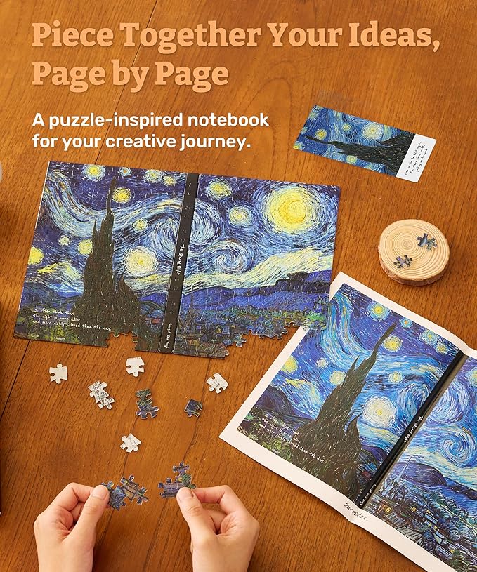 PieceRelax A5 Puzzle Journal for Adults, 300 Piece Plastic Jigsaw Book Cover (Includes Notebook) - Van Gogh - The Starry Night, Unique Gift [YA1063]