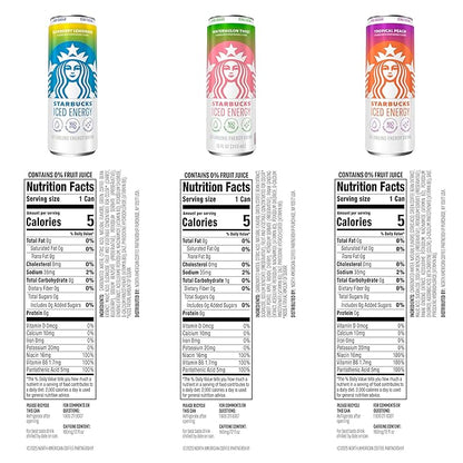 Starbucks Iced Energy Drink, 3 Flavor Variety Pack (Tropical Peach, Watermelon Splash, Blueberry Lemonade), Zero Sugar Energy Drink, Plant Based Caffeine, Hydration, Mental Clarity, 12x12 Fl Oz Cans
