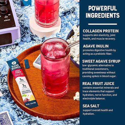 Bare Bones Fruit Punch Elevated Drink Mix | Collagen & Prebiotics | Gluten-Free & Naturally Sweetened | On-the-Go Stick Single-Serve Packs Powdered Refreshment | 5g Protein | 16 Packets (.60 oz)