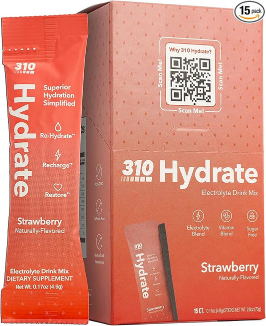 310 Nutrition Sugar Free Electrolytes Powder - Instant Hydration Packets for Daily Fluid Balance - Caffeine-Free Rehydration Drink Mix w/Vitamins, Low Calorie & Keto Friendly - Strawberry 15 Singles