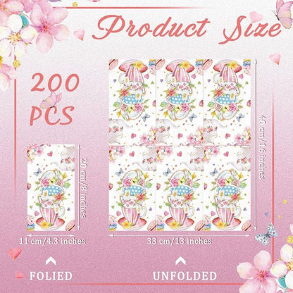 Karenhi 200 Pcs Tea Party Napkins 2 Ply Tea Cup Guest Napkins Spring Hand Paper Floral Guest Paper Towels for Bathroom Disposable Hand Towels for Bathroom Wedding Bridal