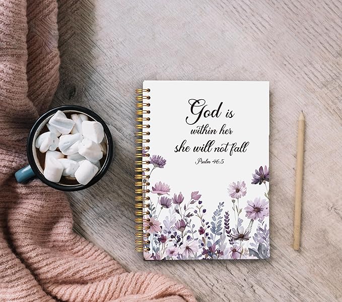 Christian Notebook for Women, Christian Art Gifts Journal, Prayer Journal for Women, Bible Journaling Notebook, PSALM 46:5 God is Within Her She Will Not Fall Floral Spiral Notebook 5.5x8.3