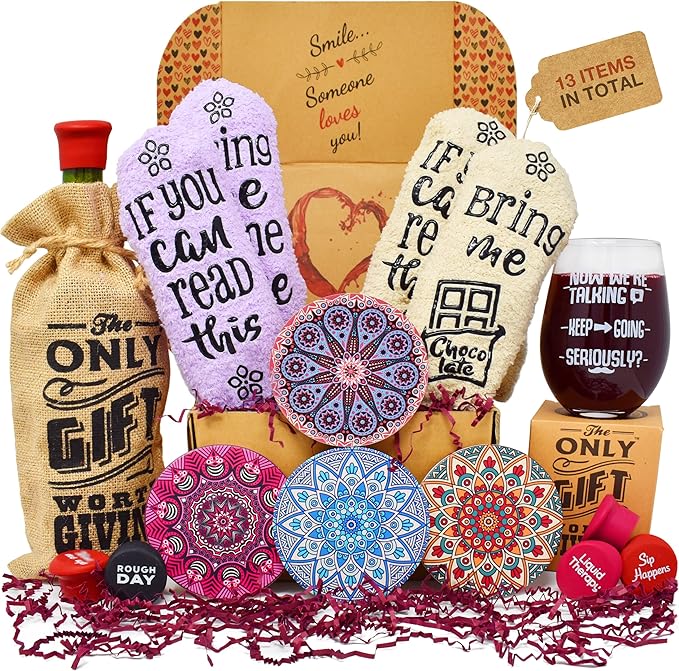 Wine Gift Basket - This Wine Gift Box Contains 13 Wine Gifts For Women - A Wine Basket with Funny Socks, Wine Stoppers, Wine Tote, Coasters and a Funny Wine Glass.