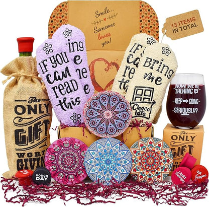 Wine Gift Basket - This Wine Gift Box Contains 13 Wine Gifts For Women - A Wine Basket with Funny Socks, Wine Stoppers, Wine Tote, Coasters and a Funny Wine Glass.