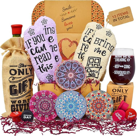Wine Gift Basket - This Wine Gift Box Contains 13 Wine Gifts For Women - A Wine Basket with Funny Socks, Wine Stoppers, Wine Tote, Coasters and a Funny Wine Glass.