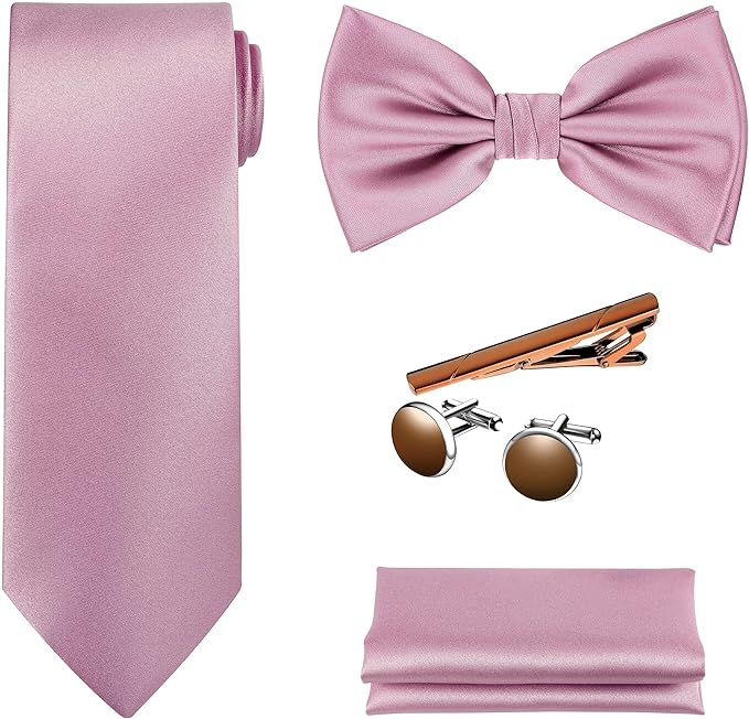 TIE G 5pcs Tie Set in WHITE OR BLACK GIFT BOX: Solid Color Necktie, Satin Bow Tie, Pocket Square, Lapel, Cuff Links