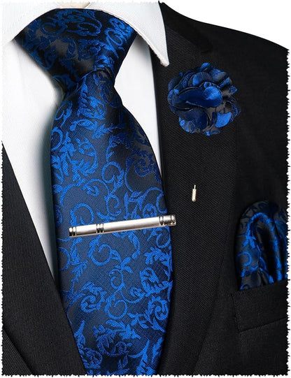 JEMYGINS Mens Floral Tie and Lapel Pin Necktie Pocket Square and Tie Clip with Sets for Business Casual 4PCS