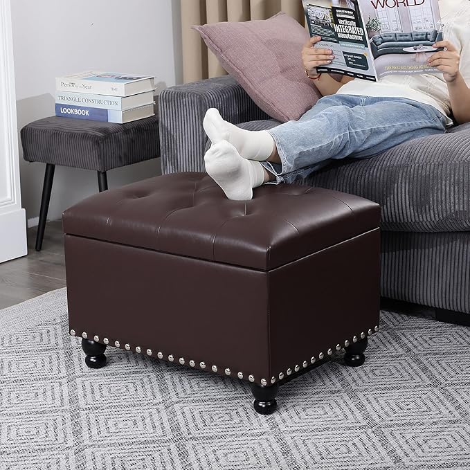 Adeco 23" Faux Leather Storage Ottoman Bench, Dark Brown Rectangular Ottoman Bench