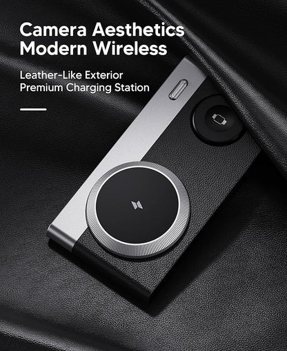 Foldable 3 in 1 Magnetic Wireless Charging Station for Apple Devices, Leather-Like Fast Wireless Charger Dock with Night Light for Magsafe iPhone 17/16/15/14, Apple Watch, AirPod,Gift for Men
