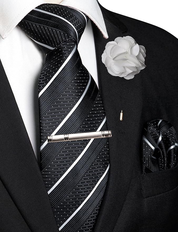 JEMYGINS Mens Striped Tie and Lapel Pin Necktie Pocket Square with Tie Clip Sets for Business Casual 4PCS
