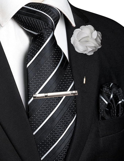 JEMYGINS Mens Striped Tie and Lapel Pin Necktie Pocket Square with Tie Clip Sets for Business Casual 4PCS