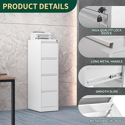 4 Drawer File Cabinet with Lock, Steel Vertical Filing Storage Cabinet for Home Office, Heavy-Duty File Cabinets for Letters/Legal/A4 (Require Assembly, White)