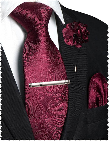 JEMYGINS Mens Paisley Tie and Lapel Pin Necktie Pocket Square and Tie Clip with Sets for Business Casual 4PCS