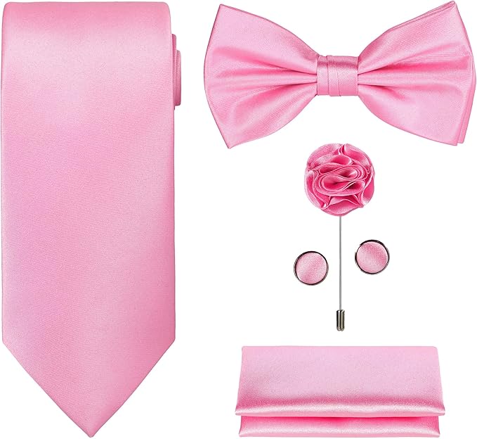 TIE G 5pcs Tie Set in WHITE OR BLACK GIFT BOX: Solid Color Necktie, Satin Bow Tie, Pocket Square, Lapel, Cuff Links
