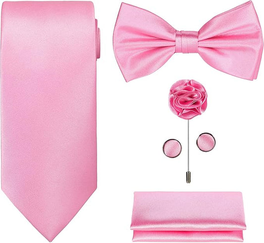 TIE G 5pcs Tie Set in WHITE OR BLACK GIFT BOX: Solid Color Necktie, Satin Bow Tie, Pocket Square, Lapel, Cuff Links