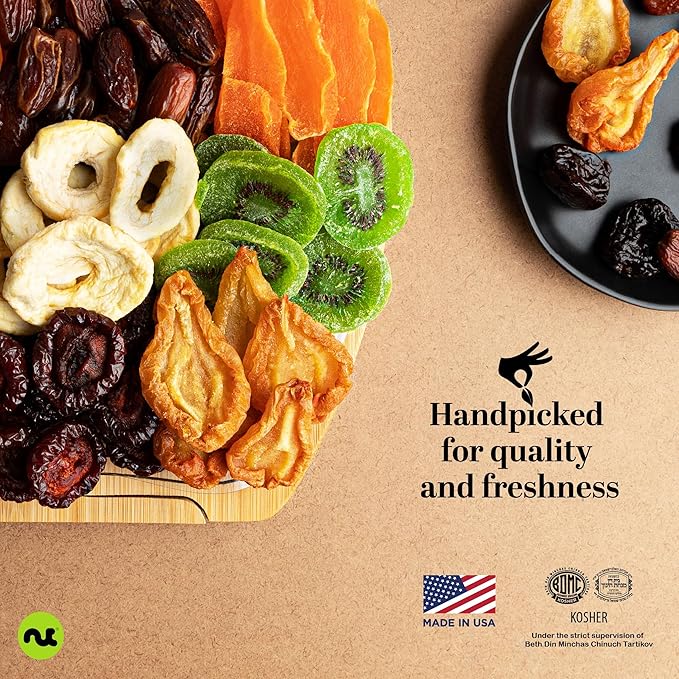 NUT CRAVINGS - Thanksgiving Dried Fruit Flower Arrangement Gift Basket in Wooden Apple-Shaped Gift Basket + Tray (9 Assortment) Holiday Xmas Christmas Healthy Snack Care Package
