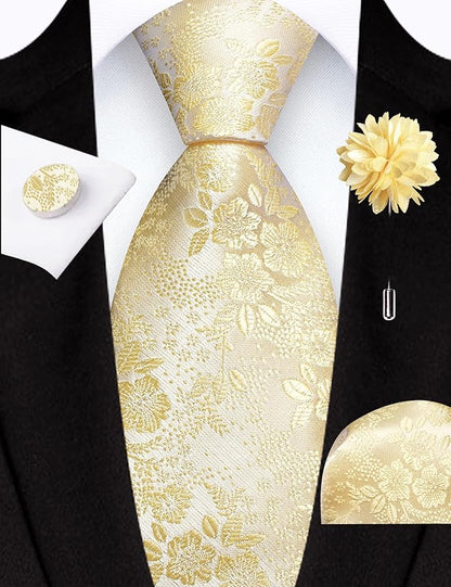 GUSLESON 3.15"（8cm） Mens Floral Tie and Lapel Pin Necktie Hankerchief Cufflinks Set for Men